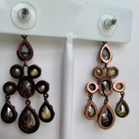 Stella & Dot Earrings, Pink Chandelier, Olive Green and Yellow Rhinestones - Picture 2 of 5